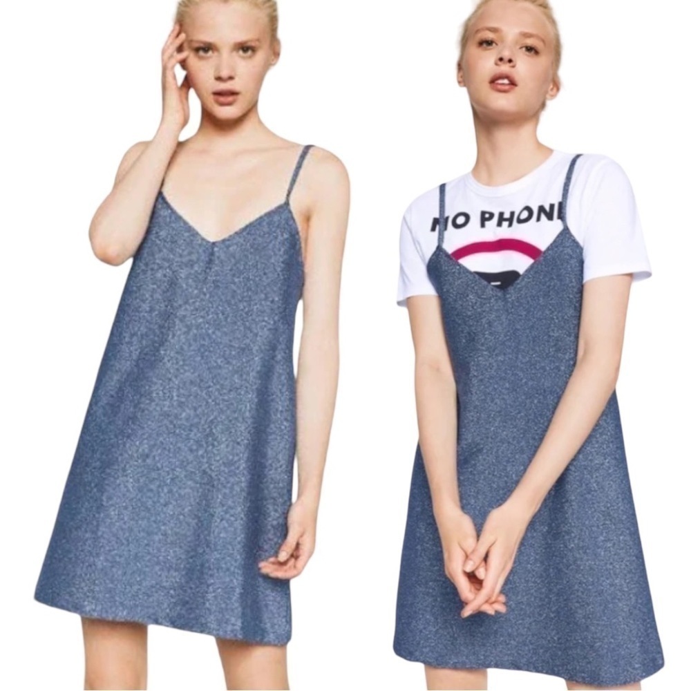 Zara metallic blue and silver bodycon halter mini dress